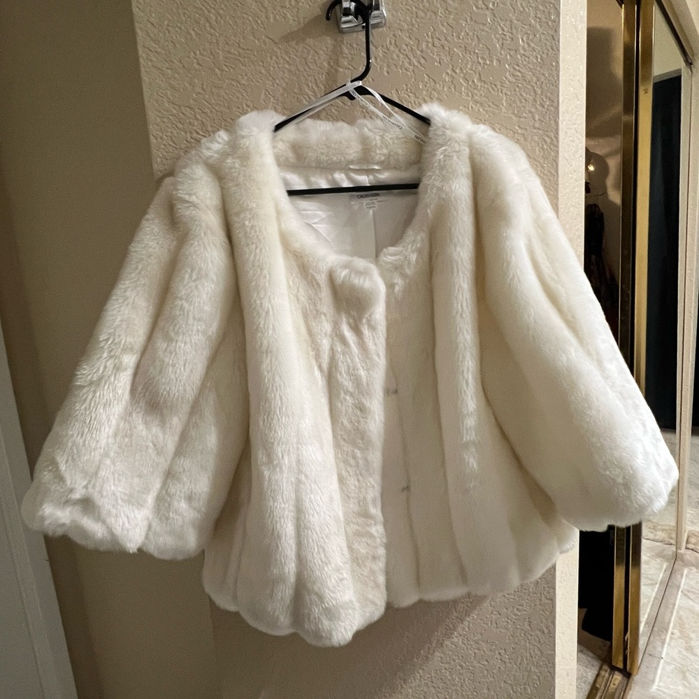 Ivory faux fur cropped jacket, old Hollywood vintage style XL